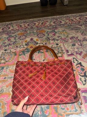 Dooney & Bourke Red Monogram Tote with Brown Leather Trim